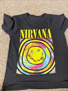 NIRVANA Charcoal Tee with Yellow & Multicolor Tie-Dye Smiley
